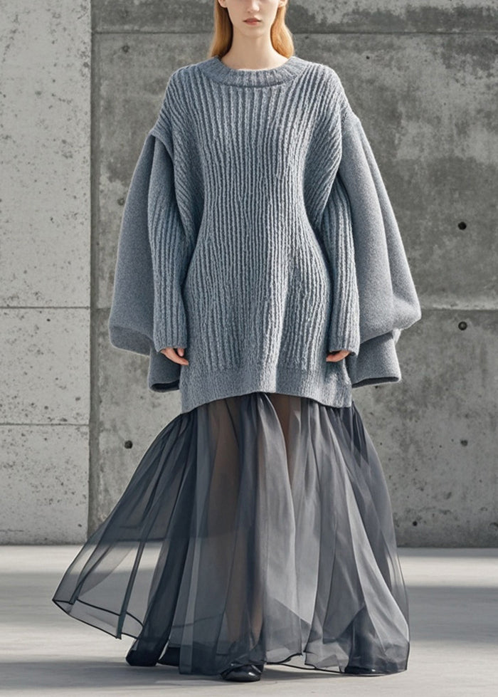 Unique Grey Oversized Patchwork Tulle Long Sweater Winter