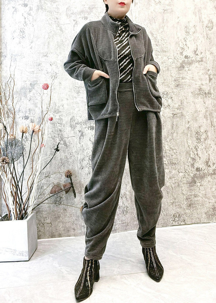 Unique Grey Stand Collar Zippered Thick Corduroy Coats And Pants Corduroy Two Piece Set Winter