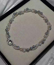 Unique Grey Sterling Silver Alloy Zircon Double Layer Pearl Gratuated Bead Necklace