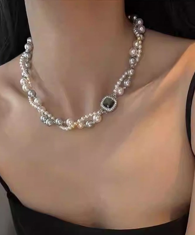 Unique Grey Sterling Silver Alloy Zircon Double Layer Pearl Gratuated Bead Necklace