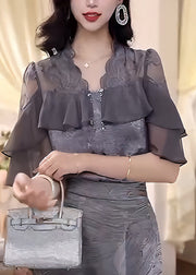 Unique Grey V Neck Chiffon Shirts Butterfly Sleeve