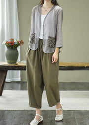 Unique Grey V Neck Print Patchwork Linen Loose Cardigans Coat Summer