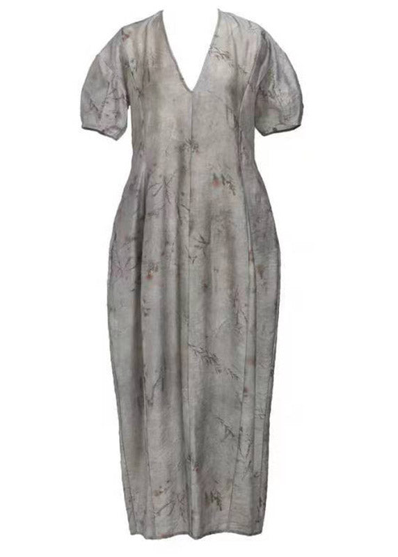 Unique Grey V Neck Print Patchwork Maxi Dress Short Sleeve