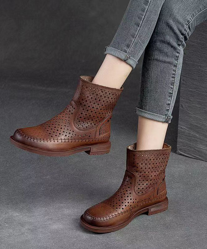 Unique Hollow Out Splicing Boots Brown Cowhide Leather