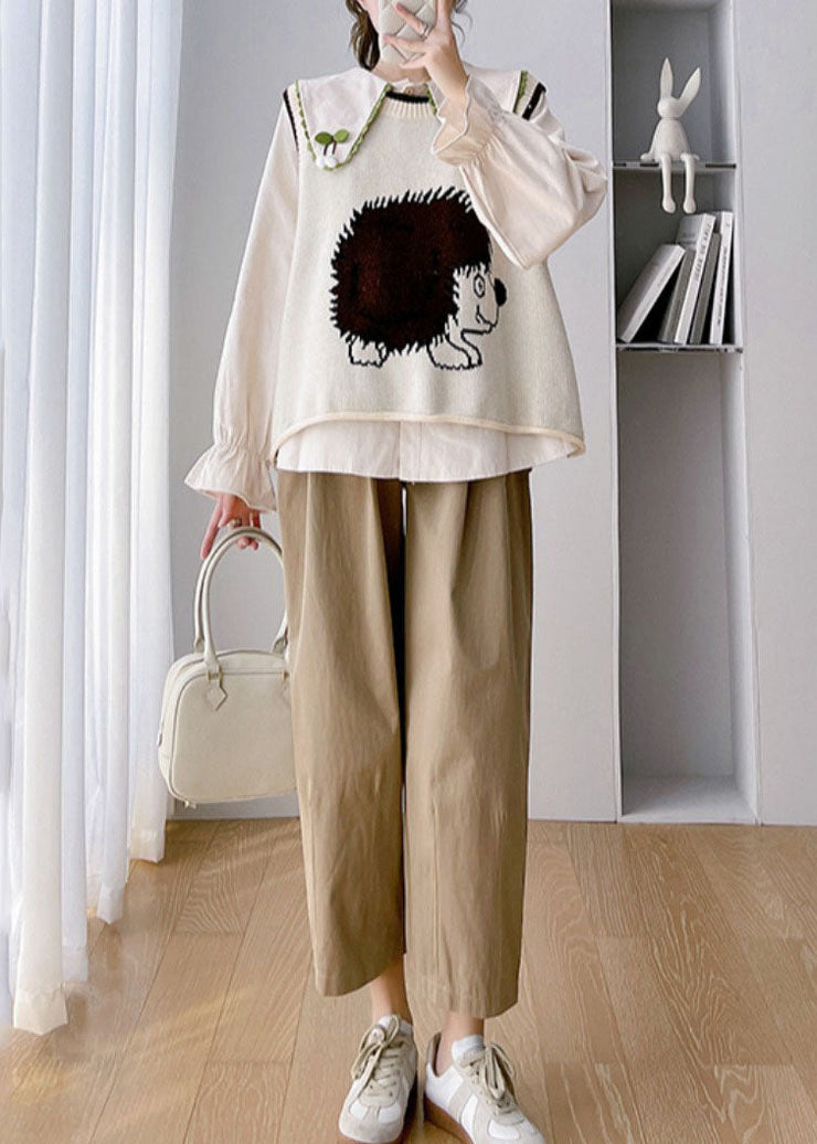 Unique Khaki Animal Print Knit Waistcoat Shirts And Crop Pants Three Piece Set Fall