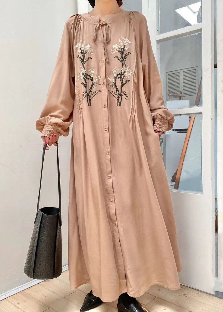 Unique Khaki Embroideried Lace Up Button Cotton Shirts Long Dress Lantern Sleeve