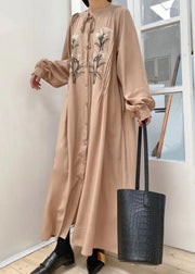 Unique Khaki Embroideried Lace Up Button Cotton Shirts Long Dress Lantern Sleeve