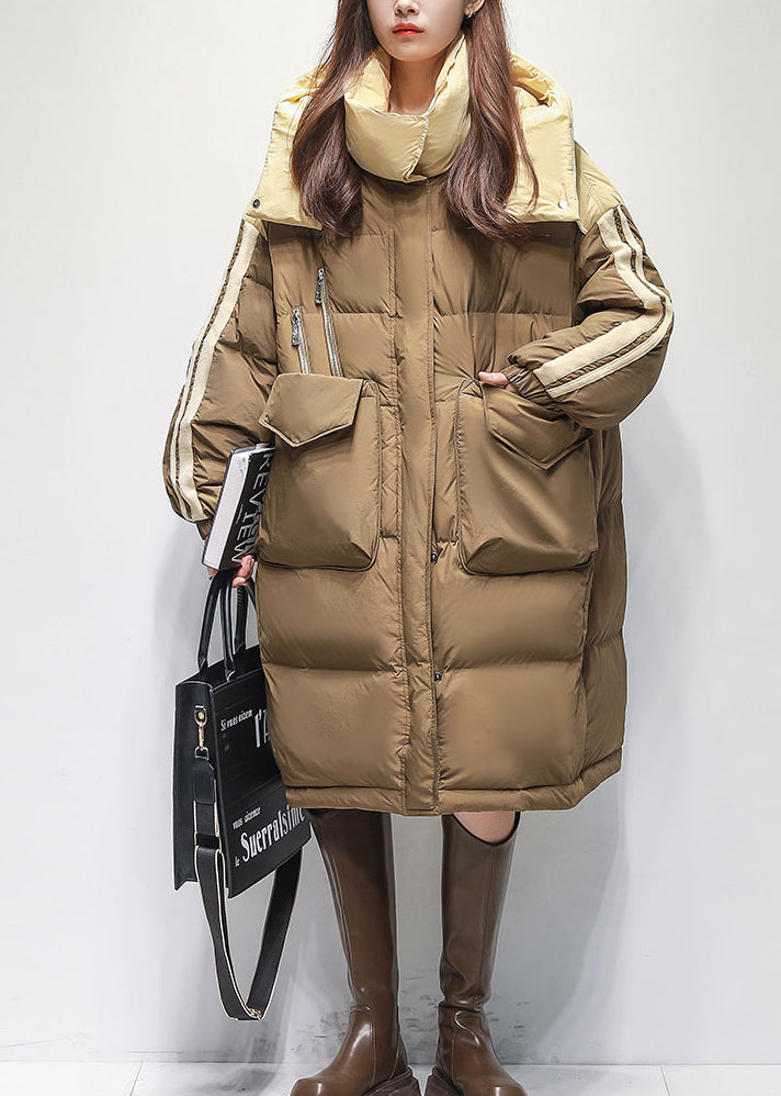 Unique Khaki Hooded Zippered Pockets Duck Down Winter Coats