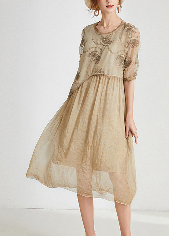 Unique Khaki O-Neck Cozy Chiffon Maxi Dress Short Sleeve