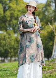 Unique Khaki O-Neck Print Patchwork Linen Mid Dresses Summer