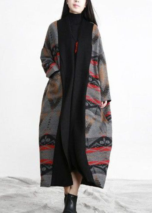 Unique Khaki Oversized Patchwork Print Wool Loose Cardigan Fall