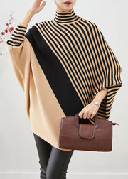 Unique Khaki Oversized Patchwork Striped Knit Sweater Tops Winter