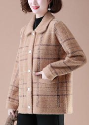 Unique Khaki Peter Pan Collar Plaid Pockets Mink Hair Knitted Coats Winter