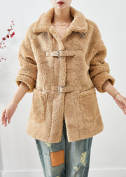 Unique Khaki Peter Pan Collar Pockets Faux Fur Teddy Coats Winter