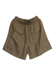 Unique Khaki Pockets Patchwork Linen Shorts Summer