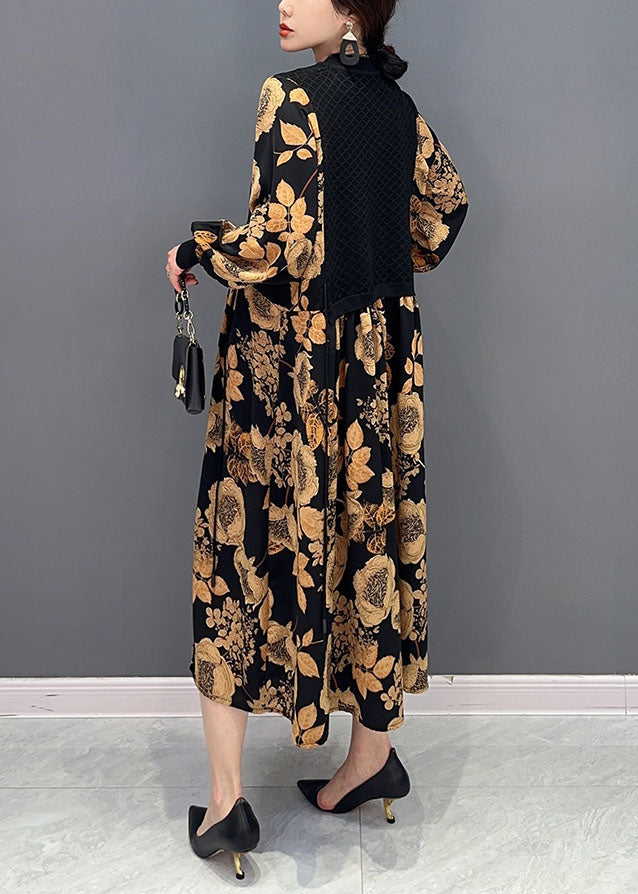 Unique Khaki Print Knit Patchwork Chiffon Dresses Lantern Sleeve