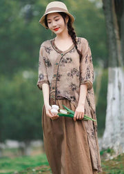 Unique Khaki Print Side Open Patchwork Linen Top Summer