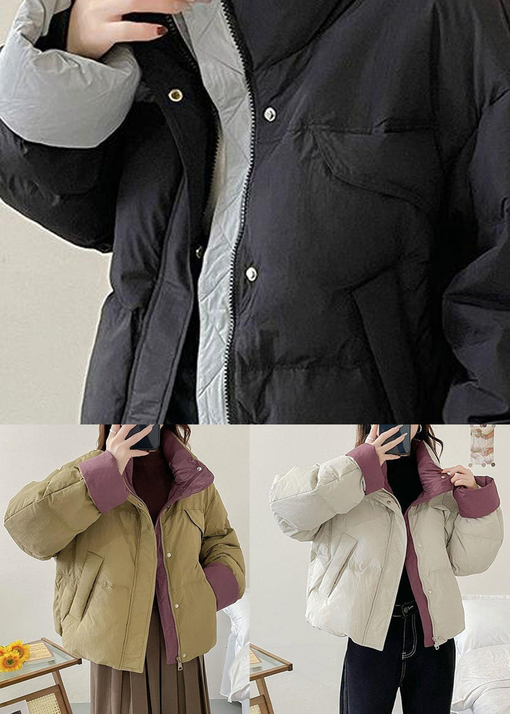 Unique Khaki Stand Collar Pockets Duck Down Winter Short Coats