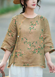 Unique Khaki Tasseled Print Linen Blouse Top Bracelet Sleeve