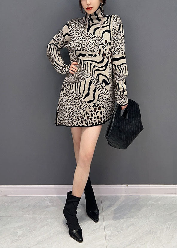 Unique Khaki Turtle Neck Leopard Print Side Open Knit Dress Spring