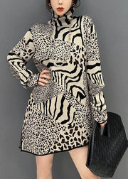 Unique Khaki Turtle Neck Leopard Print Side Open Knit Dress Spring