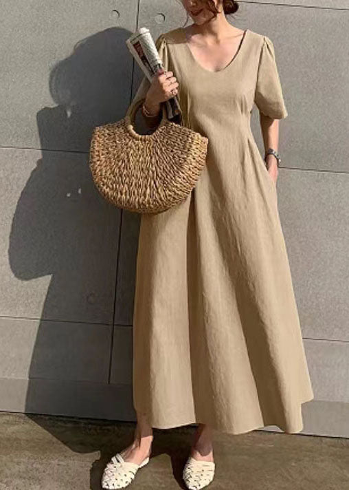 Unique Khaki V Neck Wrinkled Patchwork Cotton Dress Summer