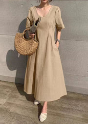 Unique Khaki V Neck Wrinkled Patchwork Cotton Dress Summer