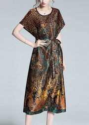 Unique Leopard O Neck Tie Waist Patchwork Silk Dress Summer