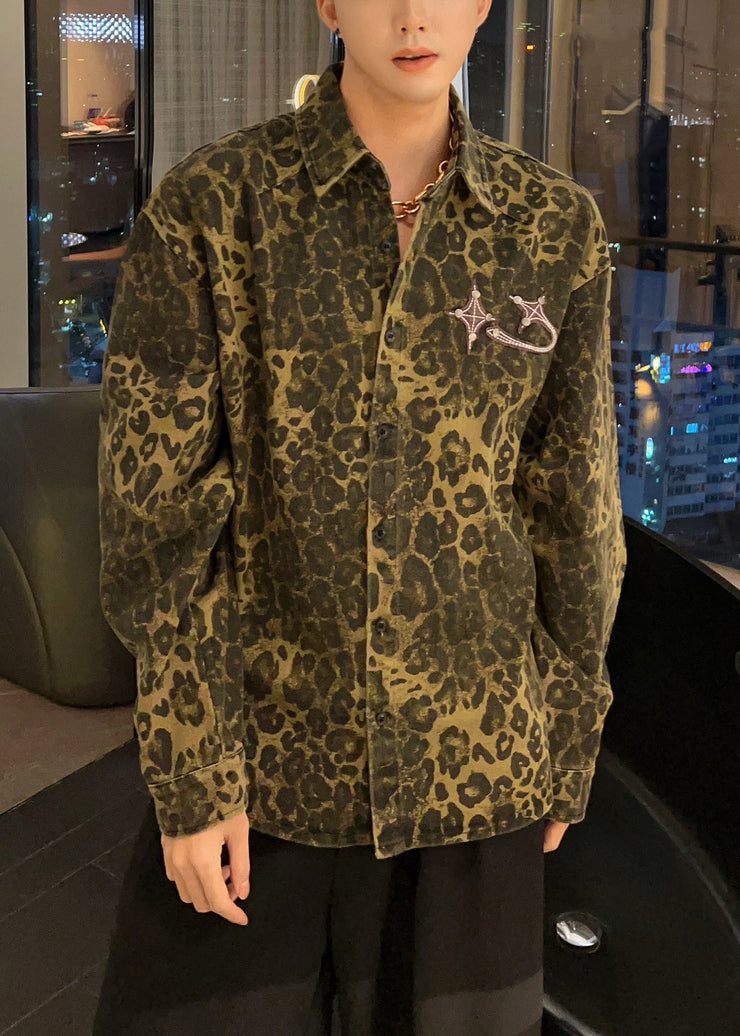 Unique Leopard Peter Pan Collar Button Mens Coats Fall