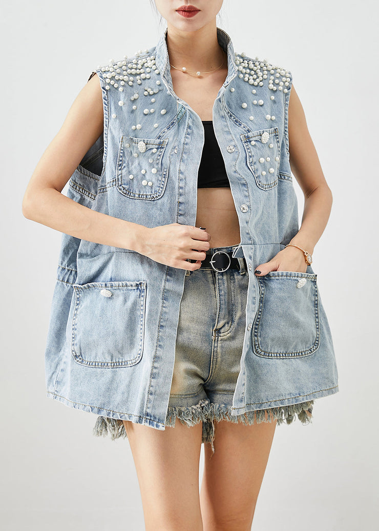 Unique Light Blue Oversized Pearl Pockets Denim Vest Fall