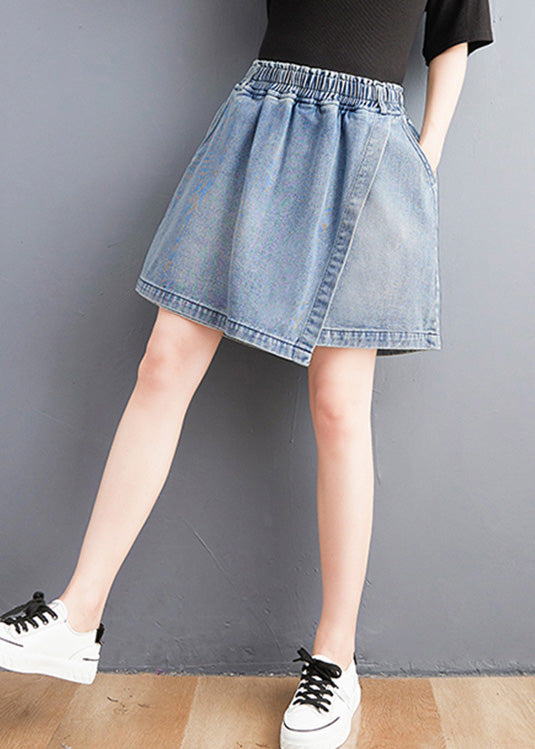 Unique Light Blue Patchwork Elastic Waist Denim Shorts Summer