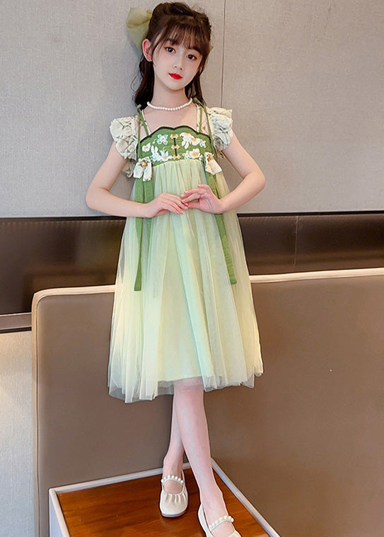 Unique Light Green Embroideried Tassel Patchwork Tulle Long Dress Short Sleeve