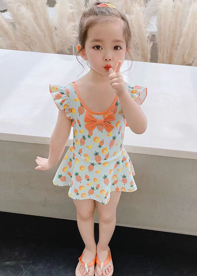 Unique Light Green Ruffled Patchwork Bow Kids One Piece Swimsui Summer