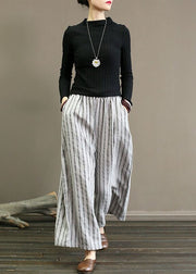 Unique Light Grey Elastic Waist Oversized Striped Linen Pants Trousers Summer