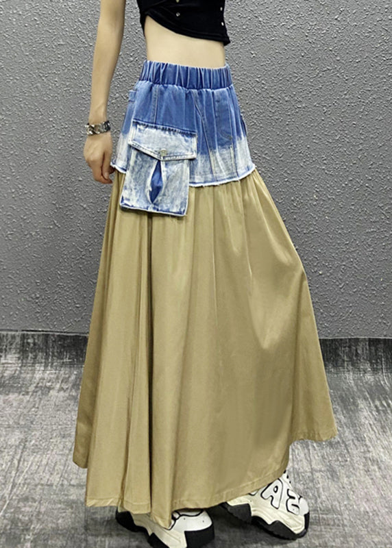 Unique Light Yellow Denim Patchwork Elastic Waist Pockets Skirt Summer