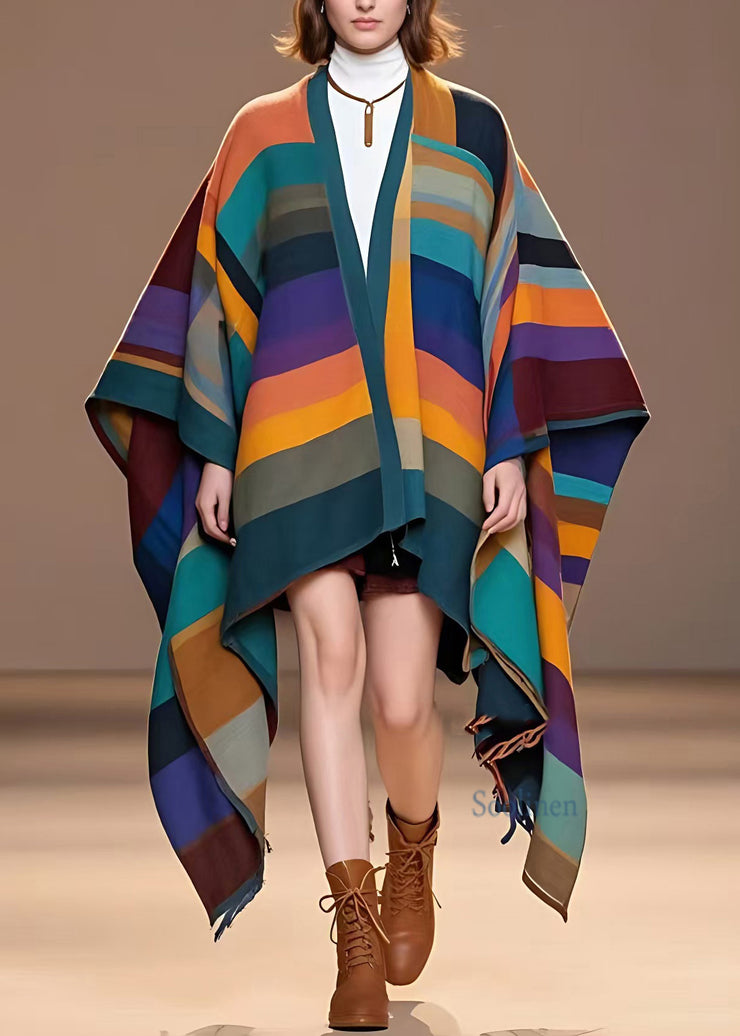 Unique Multicolor V Neck Striped Coats Long Sleeve