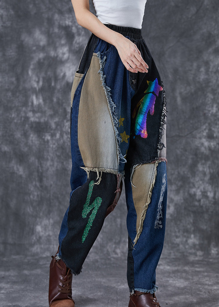 Unique Navy Asymmetrical Patchwork Cotton Harem Pants Fall