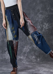 Unique Navy Asymmetrical Patchwork Cotton Harem Pants Fall