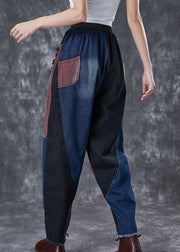 Unique Navy Asymmetrical Patchwork Cotton Harem Pants Fall