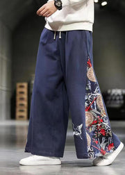 Unique Navy Embroideried Patchwork Cotton Men Wide Leg Pants Summer