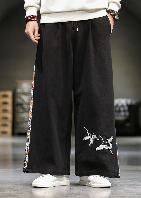 Unique Navy Embroideried Patchwork Cotton Men Wide Leg Pants Summer