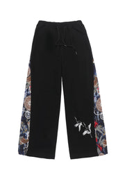 Unique Navy Embroideried Patchwork Cotton Men Wide Leg Pants Summer