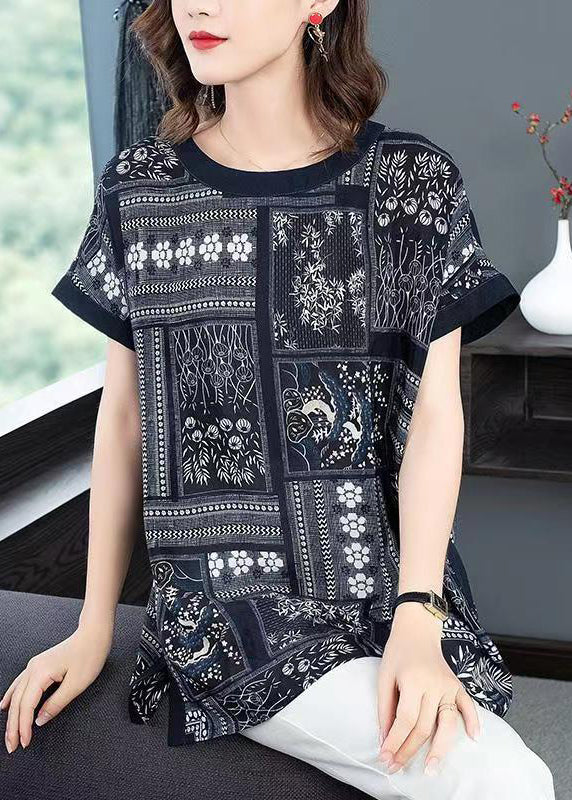 Unique Navy O Neck Print Patchwork Silk T Shirt Short Sleeve