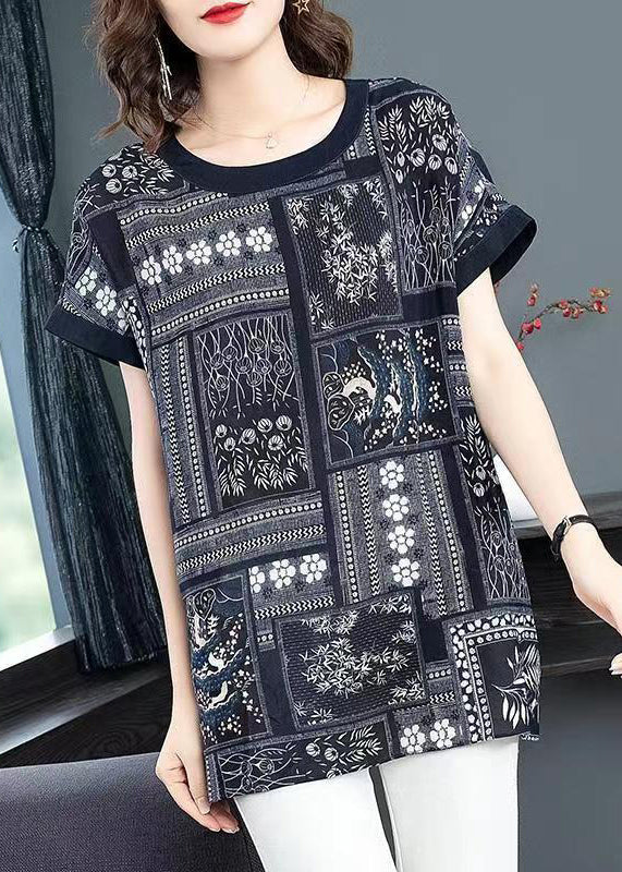 Unique Navy O Neck Print Patchwork Silk T Shirt Short Sleeve