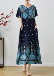 Unique Navy Oversized Print Cotton Long Dresses Summer