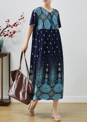 Unique Navy Oversized Print Cotton Long Dresses Summer