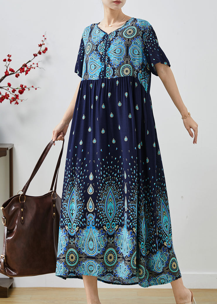 Unique Navy Oversized Print Cotton Long Dresses Summer