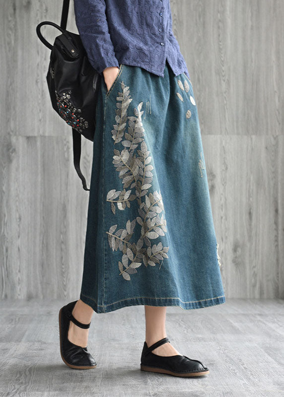 Unique Navy Patchwork Embroideried Denim Skirt Spring