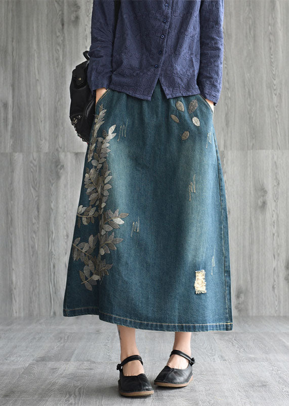 Unique Navy Patchwork Embroideried Denim Skirt Spring