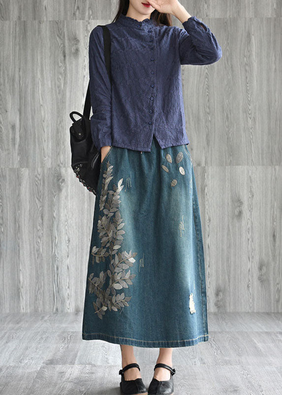 Unique Navy Patchwork Embroideried Denim Skirt Spring